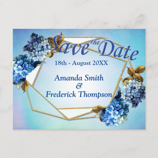 Shades / Blue Waterverf Hydrangeas Save the Dates Aankondigingskaart (Voorkant)