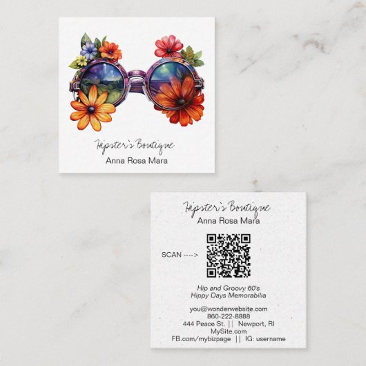 *~* Shades Bril AP57 Boho QR BoldRetro Bloemen Vierkante Visitekaartje (Voorkant / Achterkant)