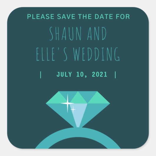 Shades of Blauwgroen Diamond Ring Save the Date Vierkante Sticker (Voorkant)