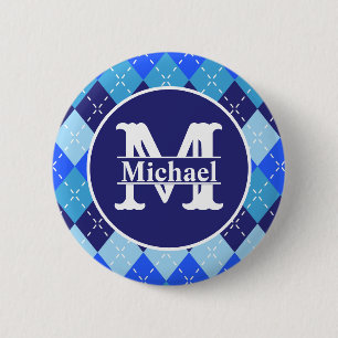 Shades of Blue Argyle Sporty Preppy Gepersonalisee Ronde Button 5,7 Cm