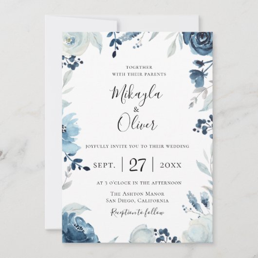 Shades of Blue Botanical Floral Wedding Invitation Kaart (Voorkant)