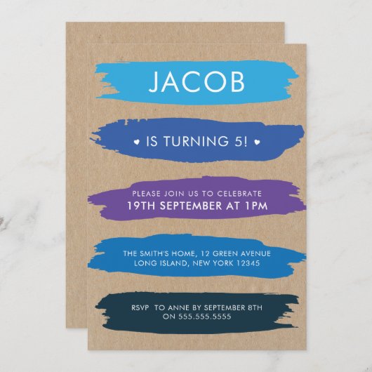 Shades of Blue Brush Strokes Jongens 5e verjaardag Kaart (Voorkant / Achterkant)