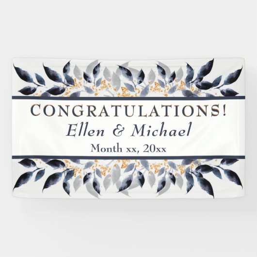 Shades of Blue Leaves met Gold, Wedding Banner (Horizontaal)