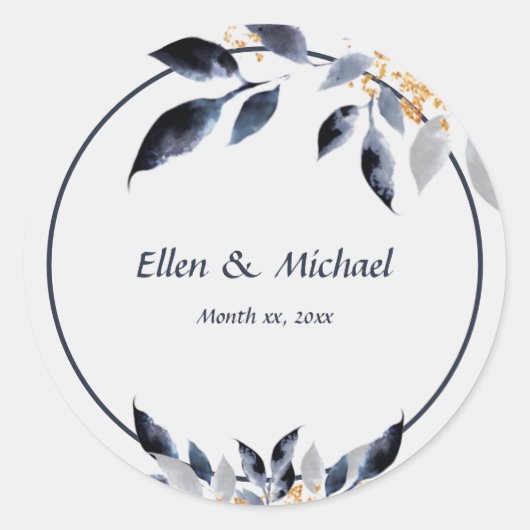 Shades of Blue Leaves met Gold, Wedding Ronde Sticker (Voorkant)