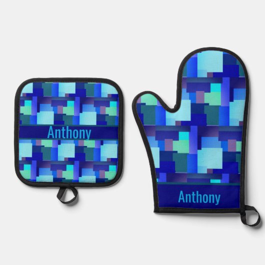 Shades of Blue - naam ovenhandschoen & pothol Ovenwant & Pannenlap Set (Voorkant)