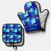 Shades of Blue - naam ovenhandschoen & pothol Ovenwant & Pannenlap Set (Voorkant / Achterkant)