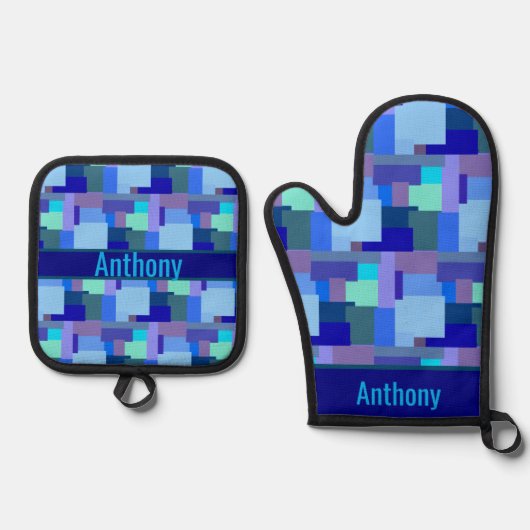 Shades of Blue - naam ovenhandschoen & pothol Ovenwant & Pannenlap Set (Voorkant)