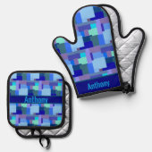 Shades of Blue - naam ovenhandschoen & pothol Ovenwant & Pannenlap Set (Voorkant / Achterkant)