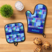 Shades of Blue - naam ovenhandschoen & pothol Ovenwant & Pannenlap Set (Top down)