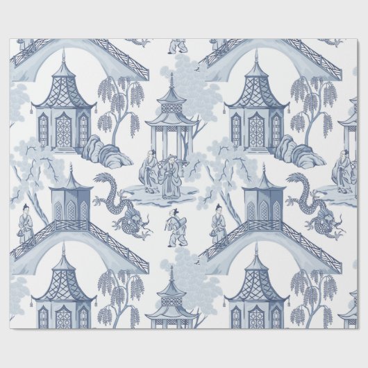 Shades of Blue Pagoda Chinoiserie Pattern Cadeaupapier (Vlak)