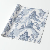 Shades of Blue Pagoda Chinoiserie Pattern Cadeaupapier (Uitgerold)