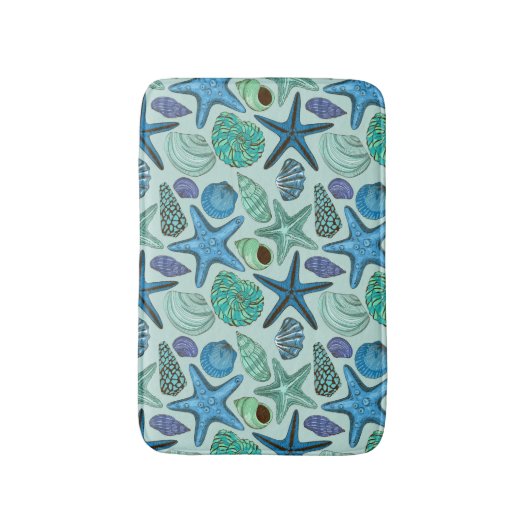 Shades of Blue Seashells and Starfish Pattern Badmat (Voorkant Verticaal)