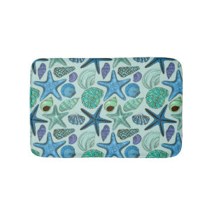 Shades of Blue Seashells and Starfish Pattern Badmat