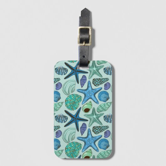 Shades of Blue Seashells and Starfish Pattern Bagagelabel (Voorkant (verticaal))