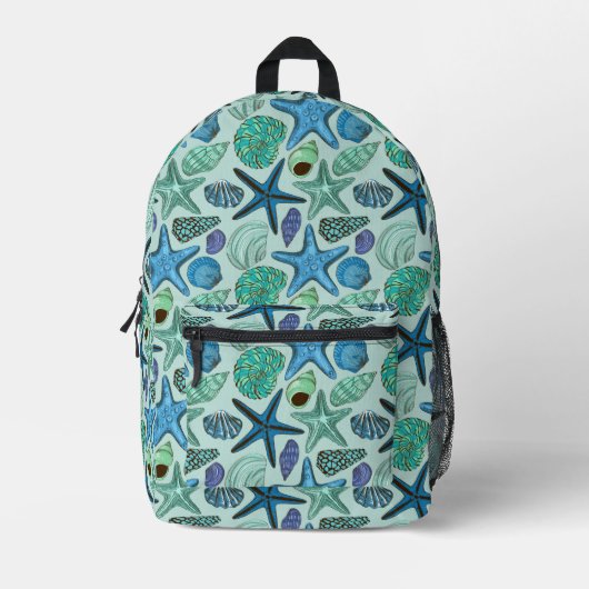Shades of Blue Seashells and Starfish Pattern Bedrukte Rugzak (Voorkant)