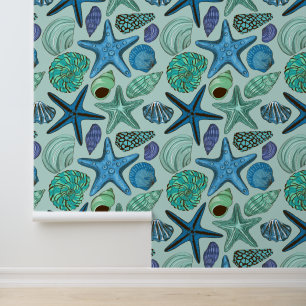 Shades of Blue Seashells and Starfish Pattern Behang