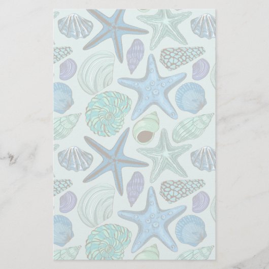 Shades of Blue Seashells and Starfish Pattern Briefpapier (Voorkant)