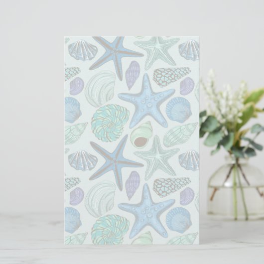 Shades of Blue Seashells and Starfish Pattern Briefpapier (Staand voorkant)