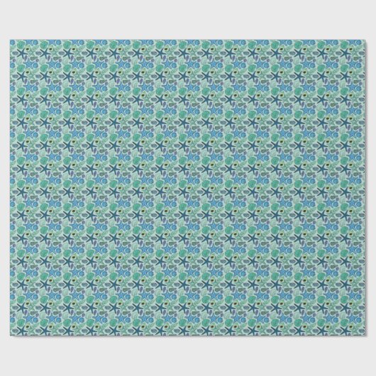 Shades of Blue Seashells and Starfish Pattern Cadeaupapier (Vlak)