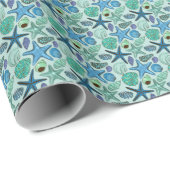 Shades of Blue Seashells and Starfish Pattern Cadeaupapier (Rol Hoek)