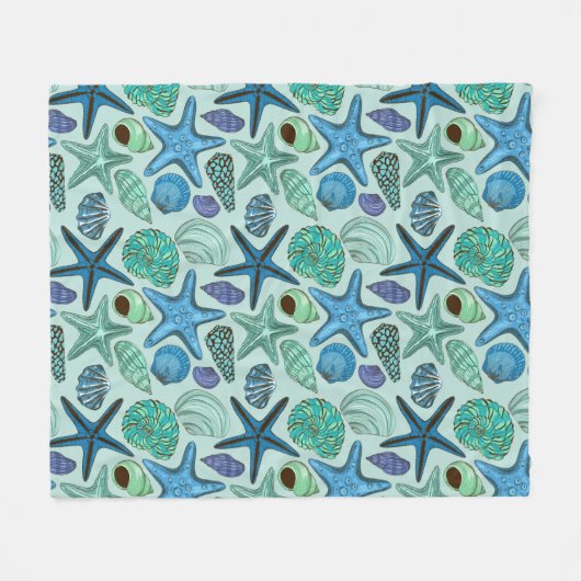 Shades of Blue Seashells and Starfish Pattern Fleece Deken (Voorkant (Horizontaal))
