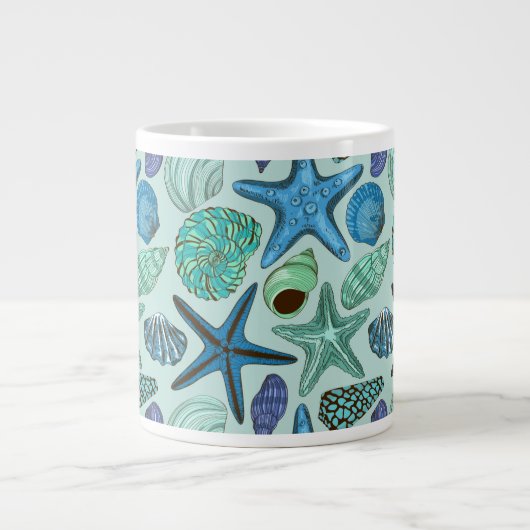 Shades of Blue Seashells and Starfish Pattern Grote Koffiekop (Voorkant)