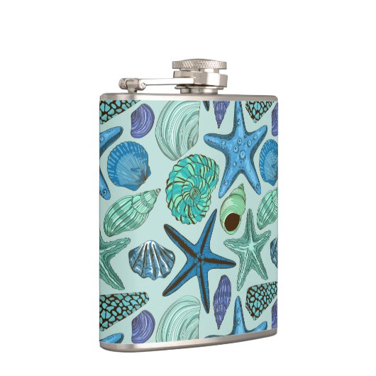 Shades of Blue Seashells and Starfish Pattern Heupfles (Rechts)