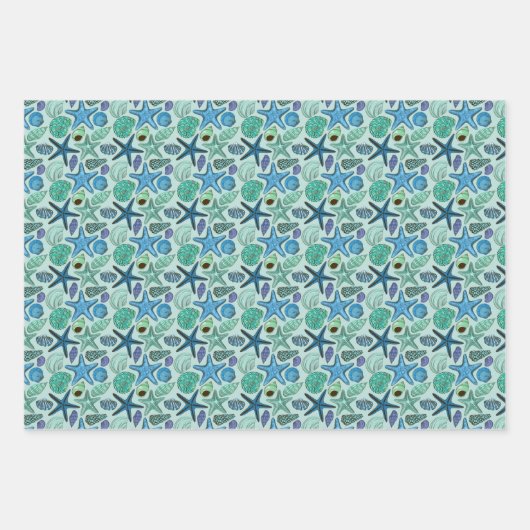 Shades of Blue Seashells and Starfish Pattern Inpakpapier Vel (Voorkant 3)