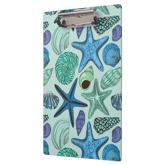 Shades of Blue Seashells and Starfish Pattern Klembord (Links)