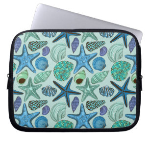 Shades of Blue Seashells and Starfish Pattern Laptop Sleeve