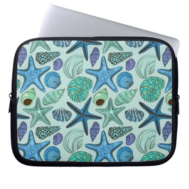 Shades of Blue Seashells and Starfish Pattern Laptop Sleeve (Voorkant)