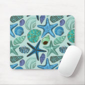 Shades of Blue Seashells and Starfish Pattern Muismat (Met muis)
