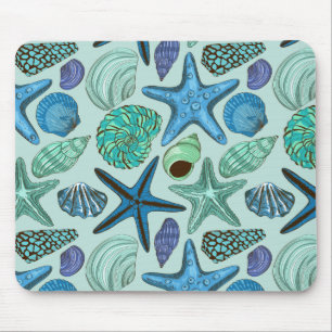Shades of Blue Seashells and Starfish Pattern Muismat