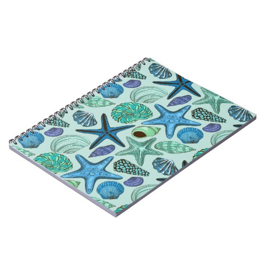 Shades of Blue Seashells and Starfish Pattern Notitieboek (Linkerzijde)