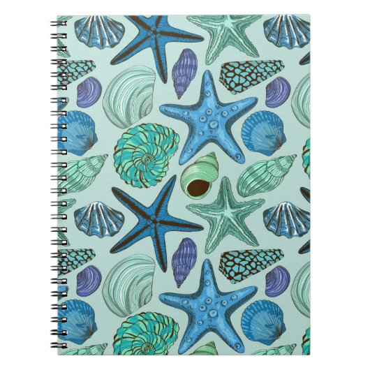 Shades of Blue Seashells and Starfish Pattern Notitieboek (Voorkant)