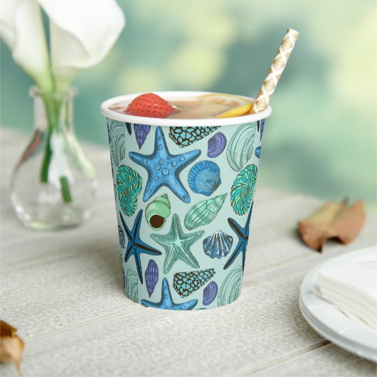 Shades of Blue Seashells and Starfish Pattern Papieren Bekers (Insitu)
