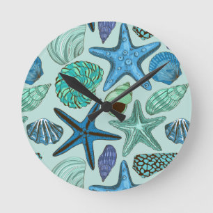 Shades Of Blue Seashells And Starfish Pattern Ronde Klok