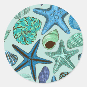 Shades of Blue Seashells and Starfish Pattern Ronde Sticker