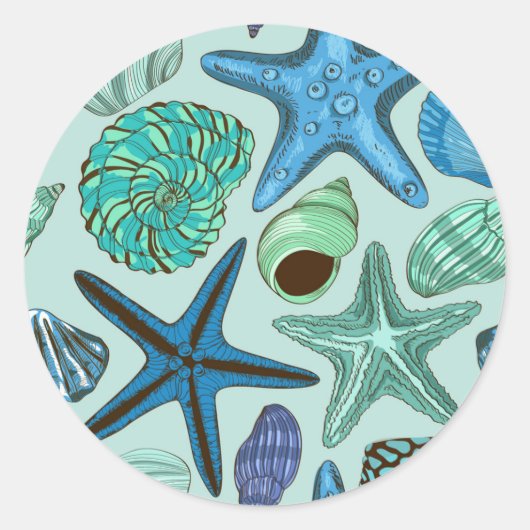 Shades of Blue Seashells and Starfish Pattern Ronde Sticker (Voorkant)