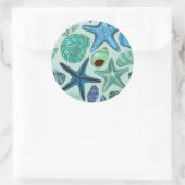 Shades of Blue Seashells and Starfish Pattern Ronde Sticker (Tas)