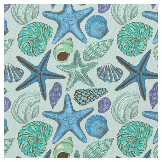 Shades of Blue Seashells and Starfish Pattern Stof (Close Up)