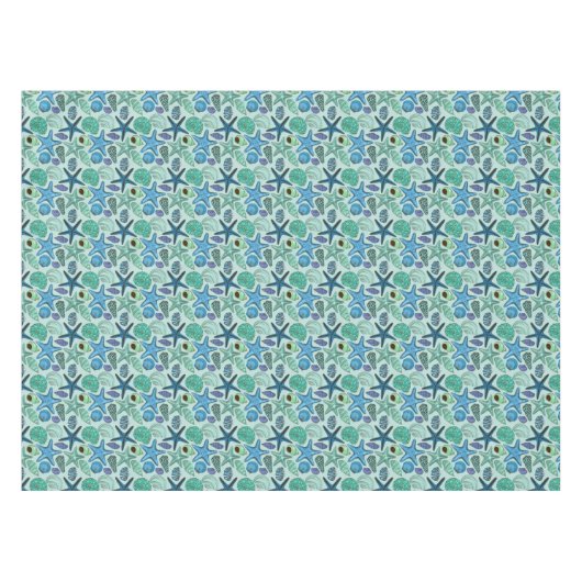 Shades of Blue Seashells and Starfish Pattern Tafelkleed (Voorkant (Horizontaal))