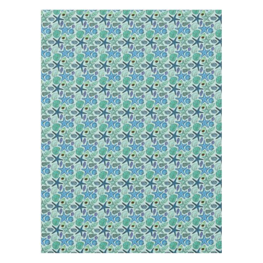 Shades of Blue Seashells and Starfish Pattern Tafelkleed (Voorkant)