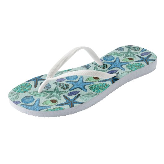 Shades of Blue Seashells and Starfish Pattern Teenslippers (Schuin)