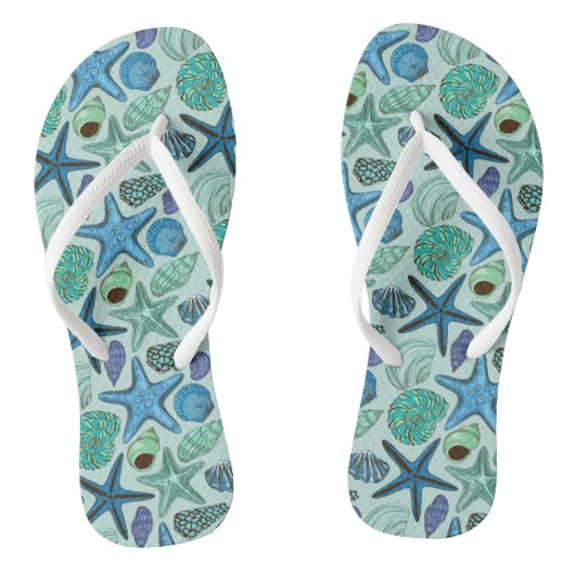 Shades of Blue Seashells and Starfish Pattern Teenslippers (Voetbed)