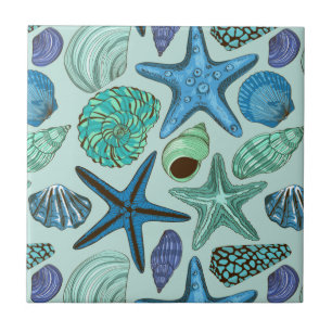 Shades of Blue Seashells and Starfish Pattern Tegeltje
