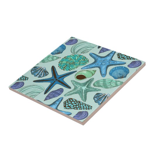 Shades of Blue Seashells and Starfish Pattern Tegeltje (Zijkant)