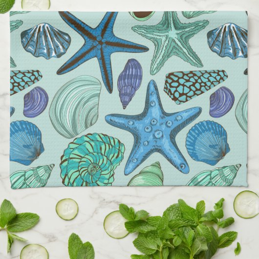 Shades of Blue Seashells and Starfish Pattern Theedoek (Gevouwen)