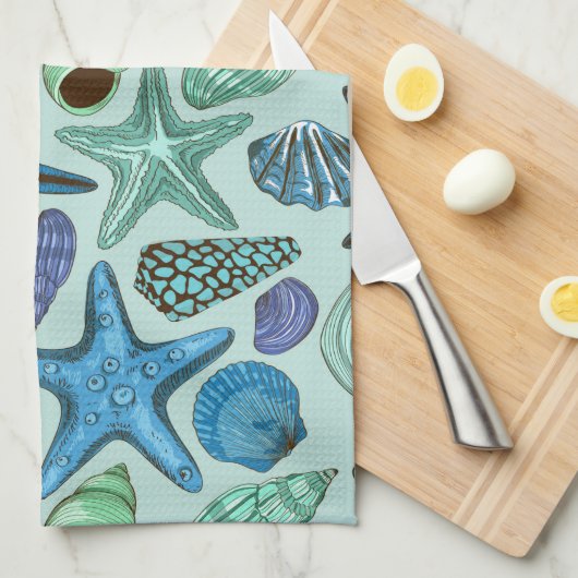 Shades of Blue Seashells and Starfish Pattern Theedoek (Quarter Fold)