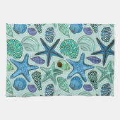 Shades of Blue Seashells and Starfish Pattern Theedoek (Horizontaal)